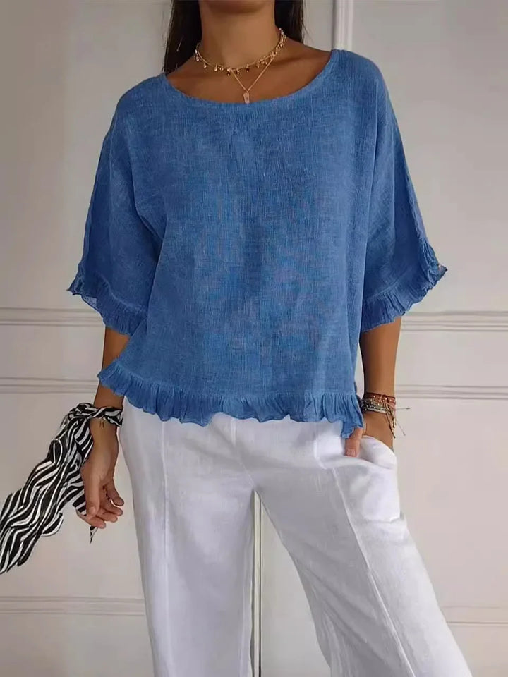 Sandra™ | Cotton Linen Blouse with Ruffles