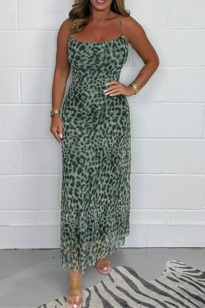 Leandra™ | Women's Leopard Print Mesh Midi Dress