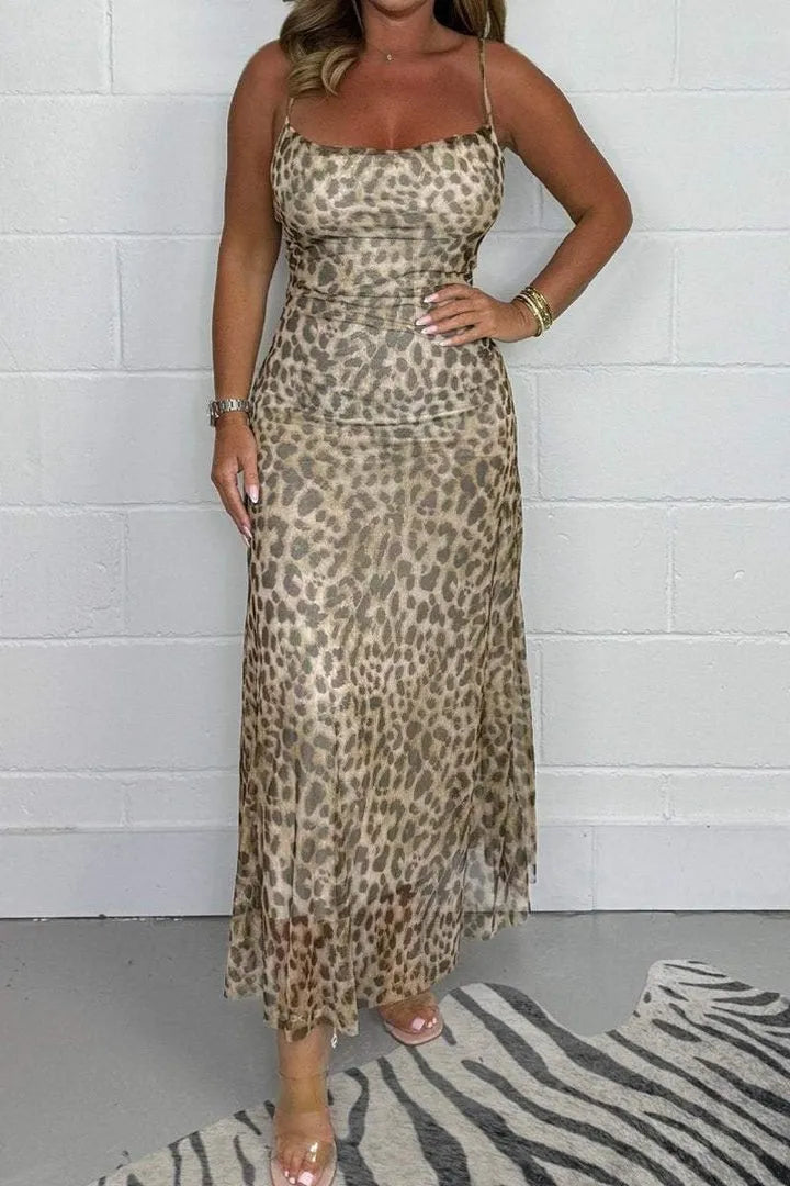 Leandra™ | Women's Leopard Print Mesh Midi Dress