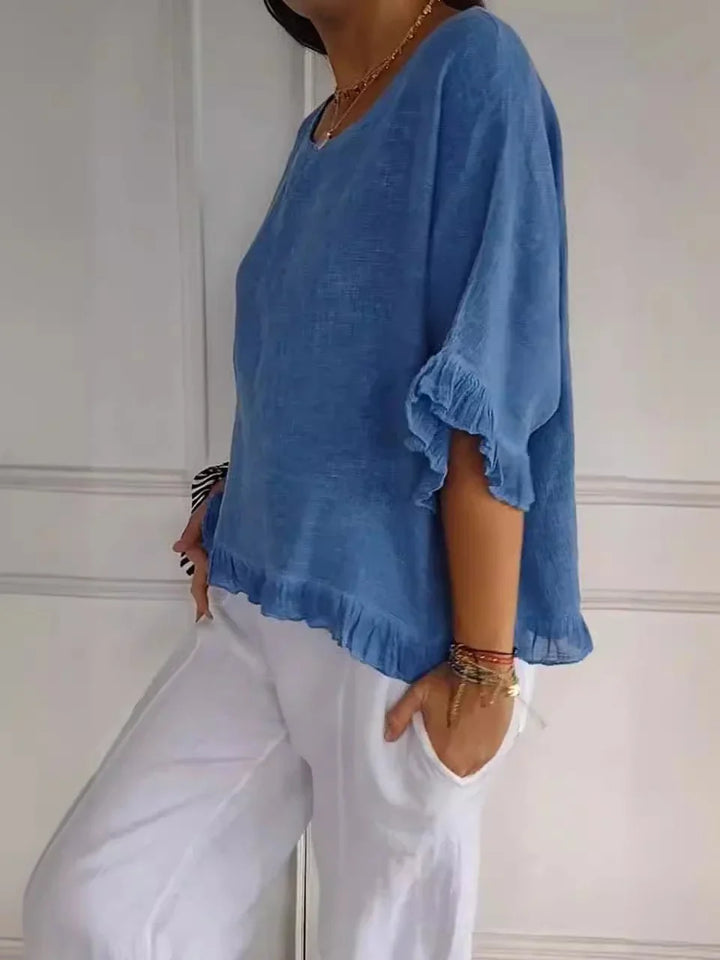 Sandra™ | Cotton Linen Blouse with Ruffles