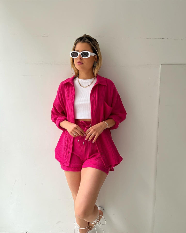 Shiela™ | Long-Sleeved Shirt High-Waisted Drawstring Shorts