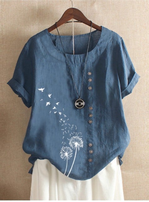 Julie Ann™ | Button Detail T-Shirt with Dandelion Design