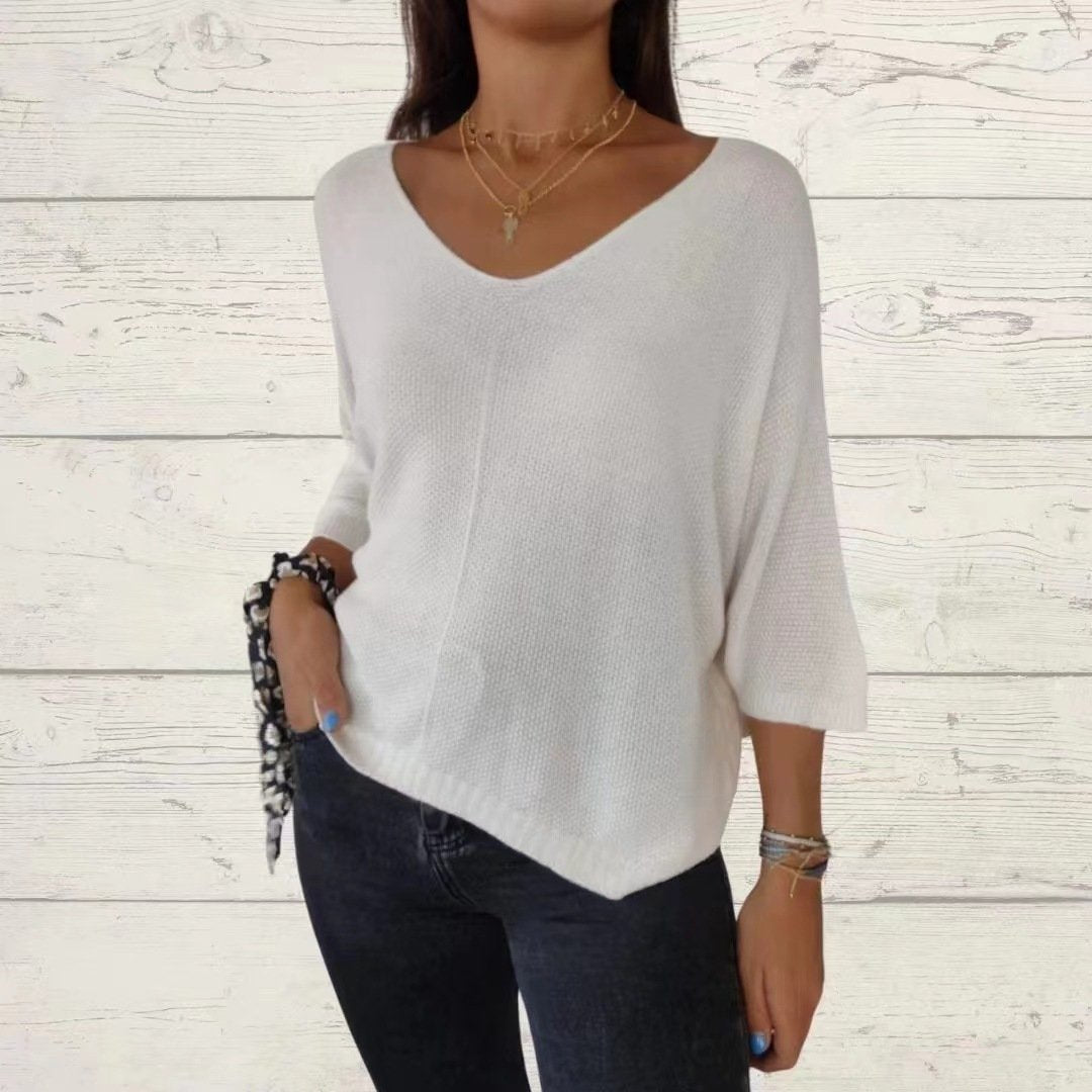 Samantha™ | Batwing Sleeve Solid Color V-Neck Knit Top