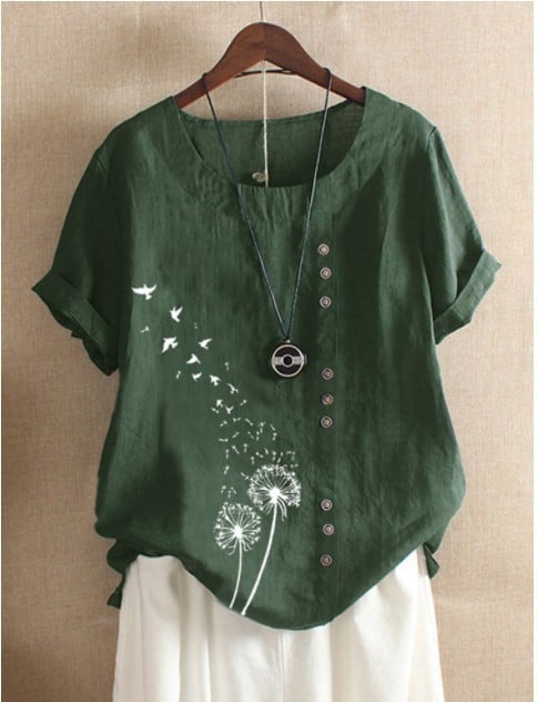 Julie Ann™ | Button Detail T-Shirt with Dandelion Design