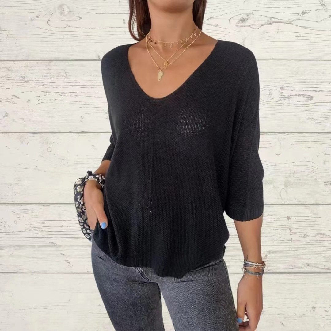 Samantha™ | Batwing Sleeve Solid Color V-Neck Knit Top