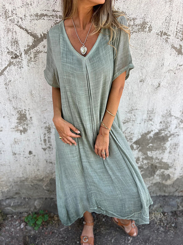 LINA™ | Loose Cotton and Linen V-Neck Dress