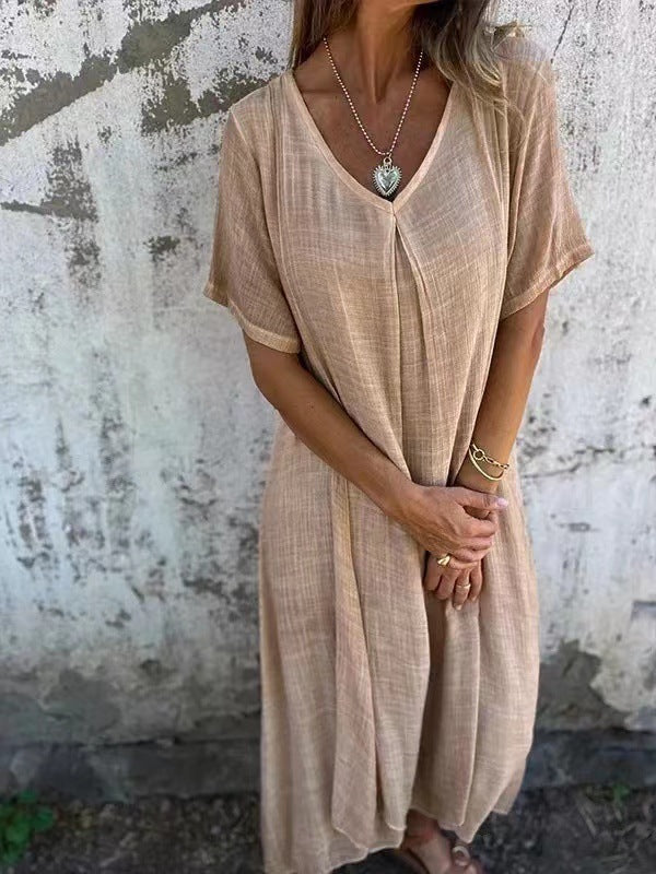 LINA™ | Loose Cotton and Linen V-Neck Dress