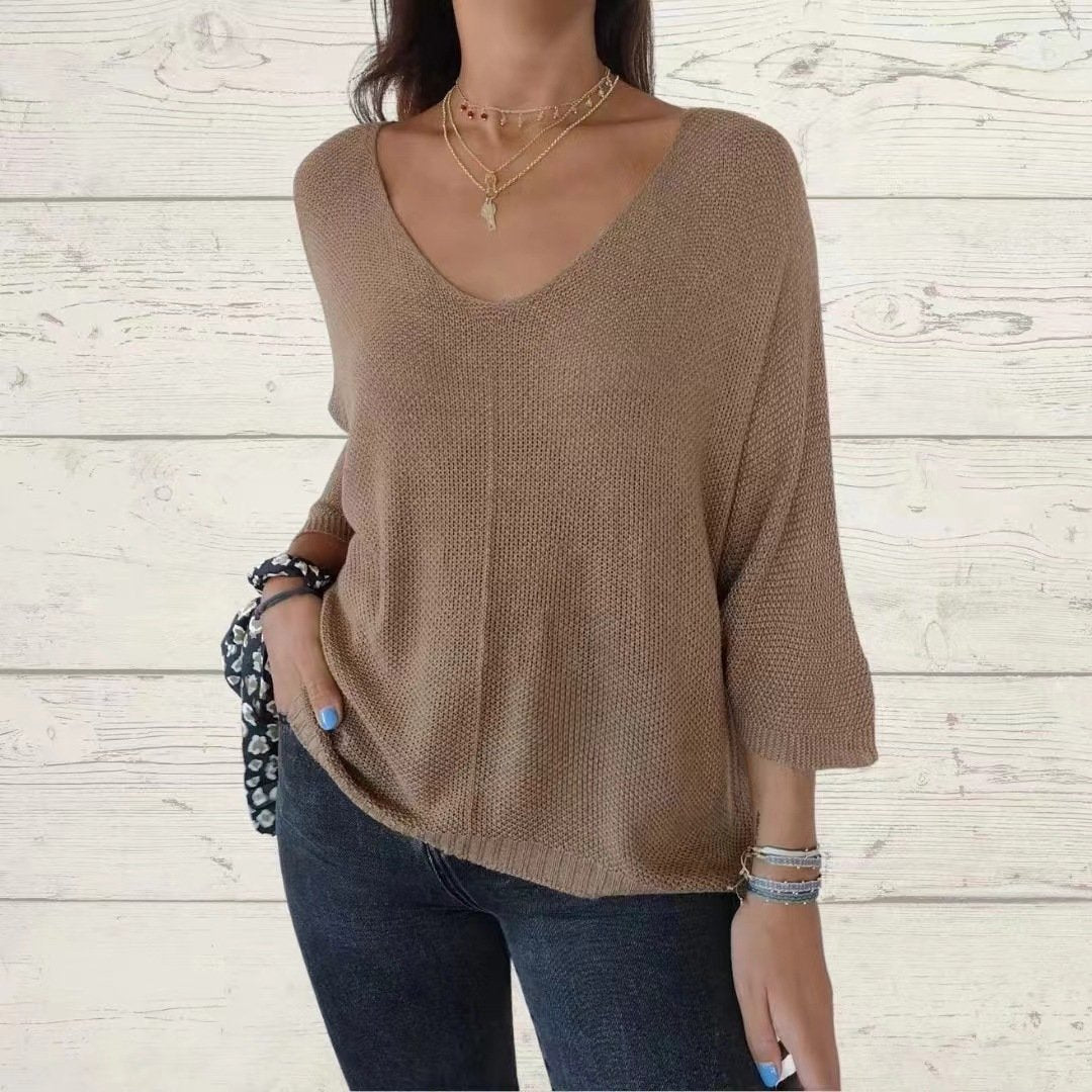 Samantha™ | Batwing Sleeve Solid Color V-Neck Knit Top