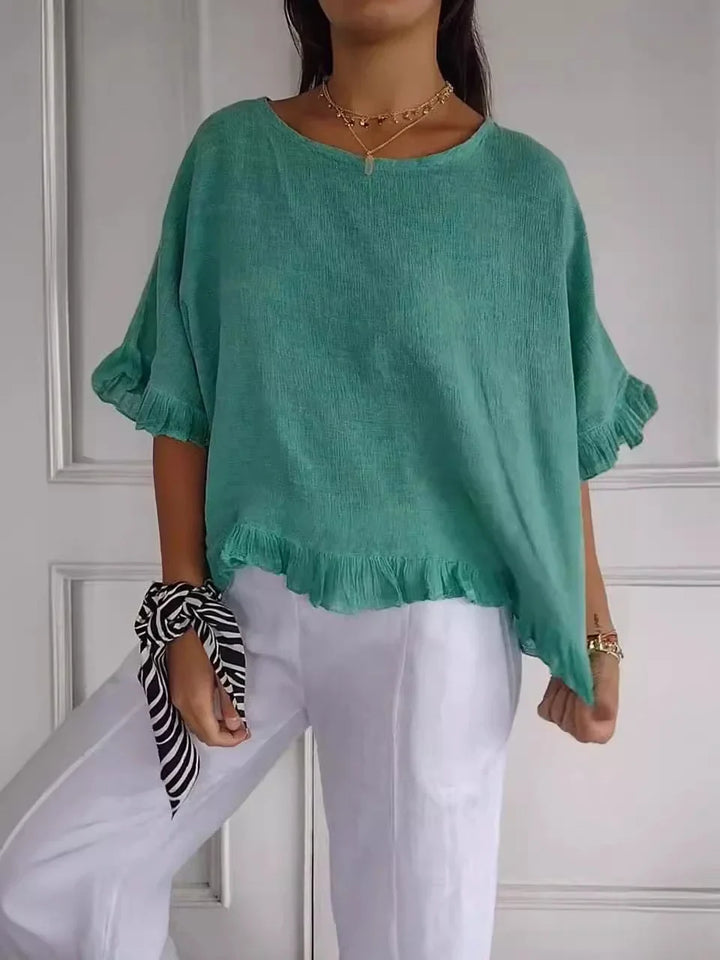 Sandra™ | Cotton Linen Blouse with Ruffles