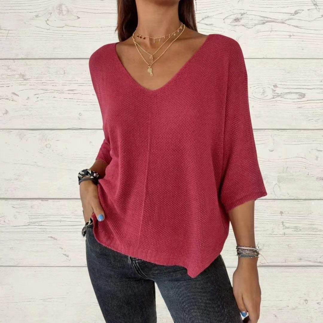 Samantha™ | Batwing Sleeve Solid Color V-Neck Knit Top