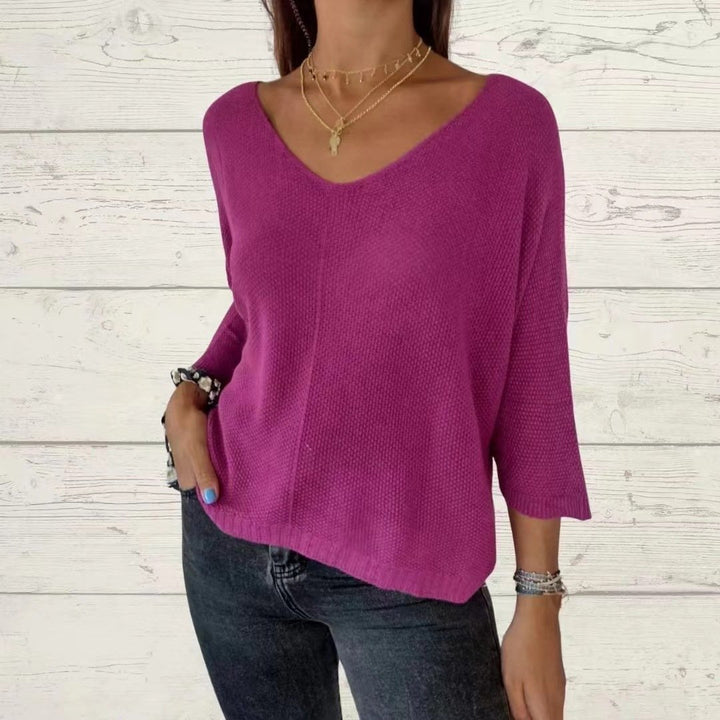 Samantha™ | Batwing Sleeve Solid Color V-Neck Knit Top