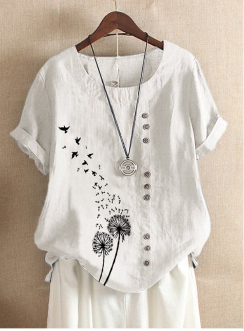 Julie Ann™ | Button Detail T-Shirt with Dandelion Design