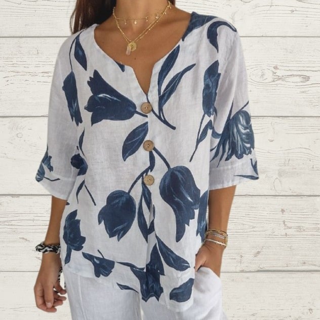 Eleanor™ | Printed Linen-Cotton V-Neck Pullover Shirt