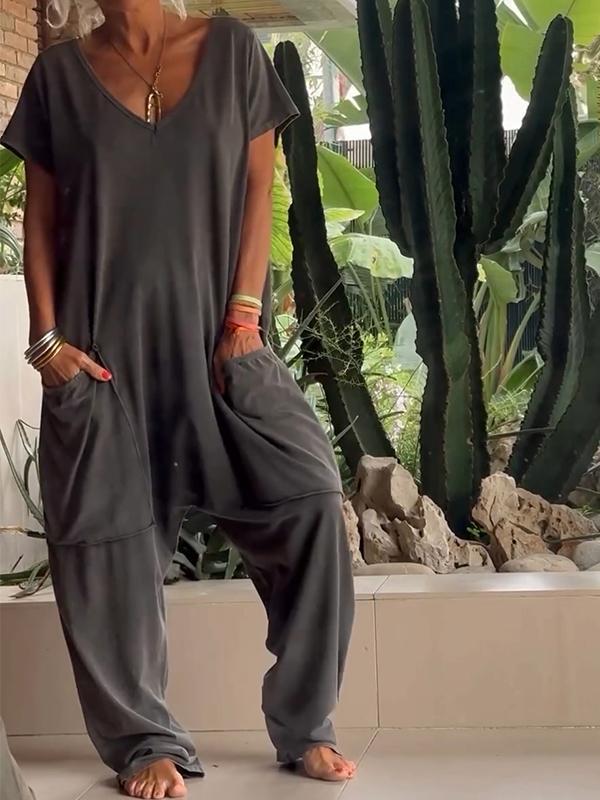 Judy™ | Casual V-neck Solid Color Jumpsuit