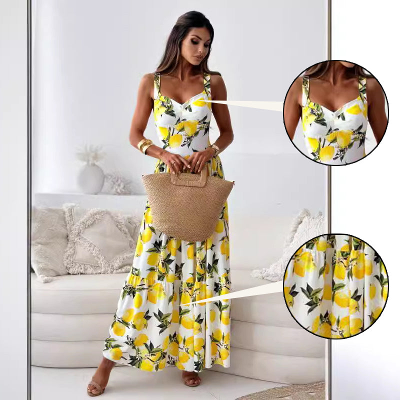 LELE™ | Elegant Long Dress Lemon Print