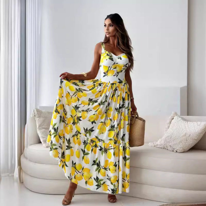 LELE™ | Elegant Long Dress Lemon Print