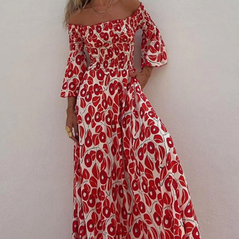 Darcy™ | Long Floral Off-Shoulder Dress with Flared Sleeves