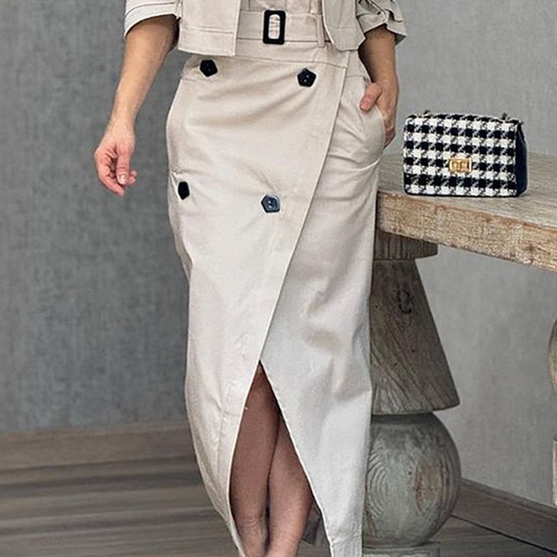 Jamie™ | Lapel Long Sleeve Coat and Tie Belt Midi Skirt Set