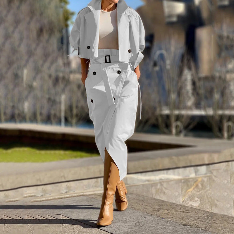 Jamie™ | Lapel Long Sleeve Coat and Tie Belt Midi Skirt Set